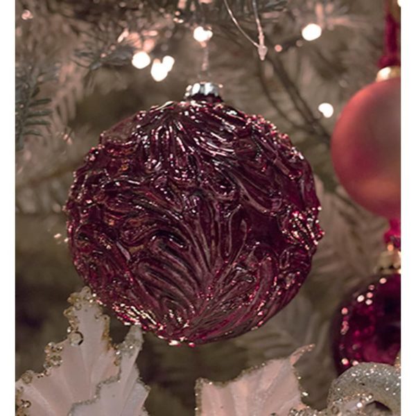 Χριστουγεννιάτικη Γυάλινη Μπάλα Burgundy Ανάγλυφα Φύλλα 11cm, Σετ Των 2
