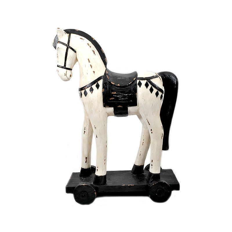 Διακοσμητικό Άλογο Ξύλινο Αντικέ Λευκό/ Μαύρο Με Ροδάκια Υ104.50