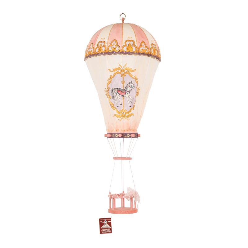 Παιδικό Φωτιστικό Αερόστατο, Χειροποίητο Υφασμάτινο Ροζ/ Λευκό Με Ζωγραφική 'Καρουζέλ'