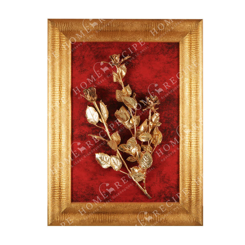 Πίνακας Χειροποίητος Σύνθεση Τριανταφυλλιά Χρυσή Σε Κόκκινο Φόντο Με Χρυσή Φαρδια Κορνίζα 60x80