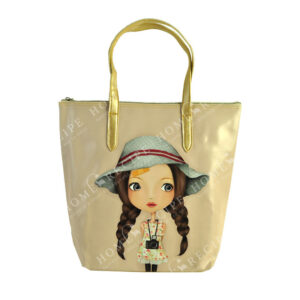 Τσάντα Ώμου Δερματίνη Μπεζ "Κοριτσάκι", Με Χρυσό Μεταλλιζέ Λουρί S