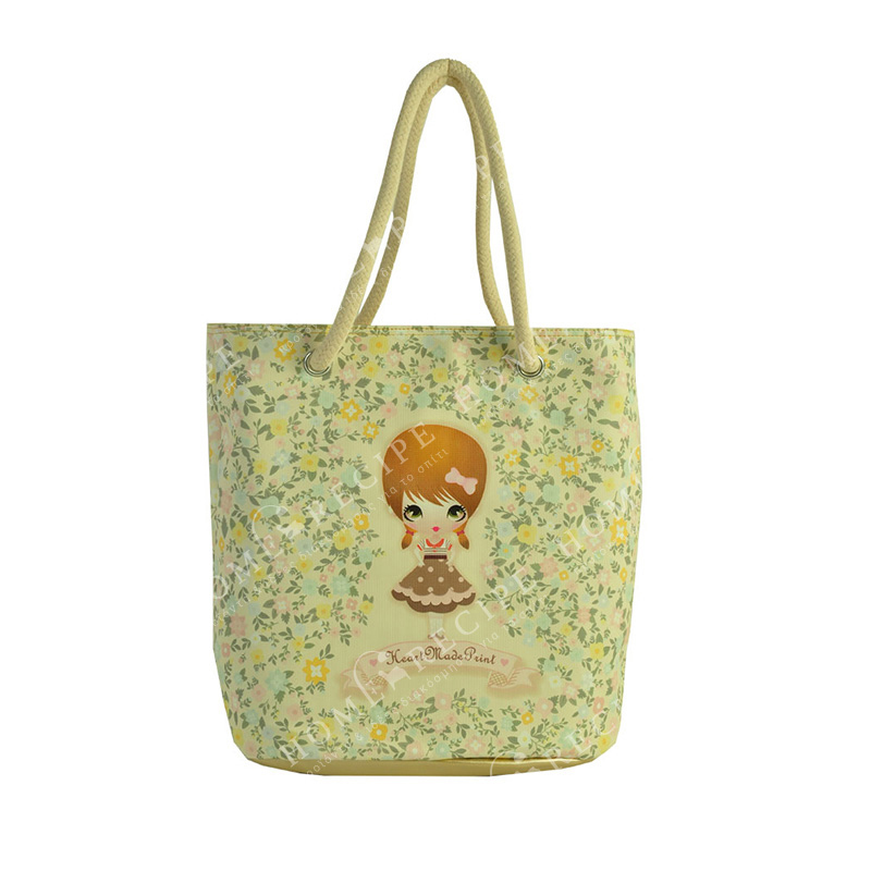 Τσάντα Ώμου - Θαλάσσης Δερματίνη Κίτρινο/ Χρυσό "Κοριτσάκι - Λουλούδια", Με Λευκό Λουρί Από Καραβόσκοινο