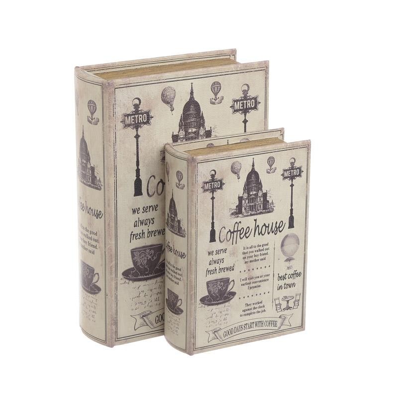 Διακοσμητικά Ξύλινα Κουτιά/ Βιβλία Καφέ/ Λευκό 'Coffee House' 19x7x27, Σετ Των 2, Inar