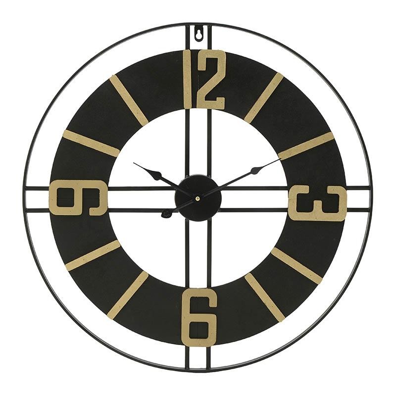 Ρολόι Τοίχου Μεταλλικό Μαύρο Με Χρυσούς Αριθμούς Δ60, Inart