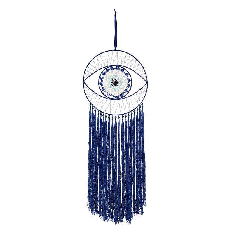 Επιτοίχιο Διακοσμητικό Ονειροπαγίδα ‘Μάτι’ Με Φούντες Λευκή/ Μπλε 30x96