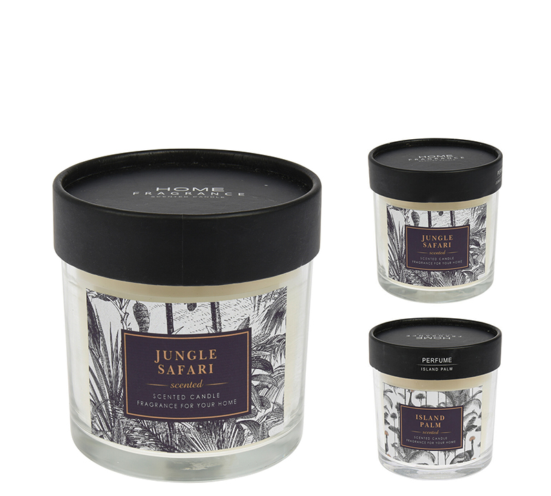 Αρωμ. κερί σε γυάλινο δοχείο με tropical print,3 αρώματα,10x10cm
