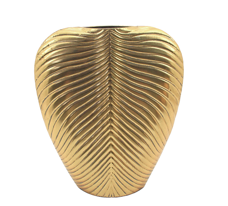 Metal vase embossed leaf, antique gold 49cm